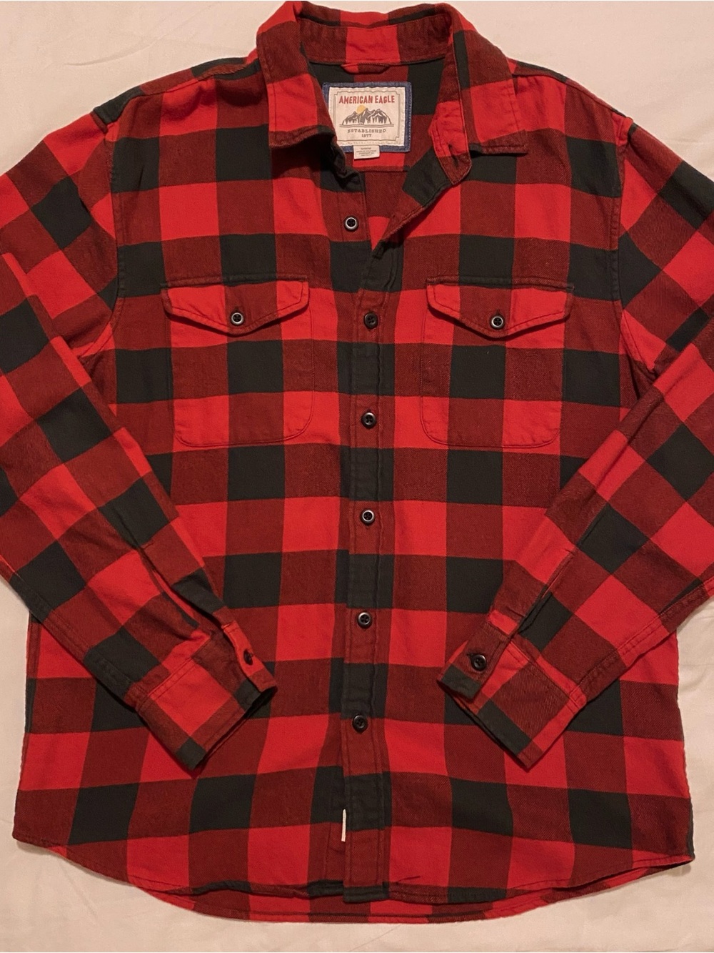American Eagle Outfitters Red and Black Plaid Button-Up Shirt